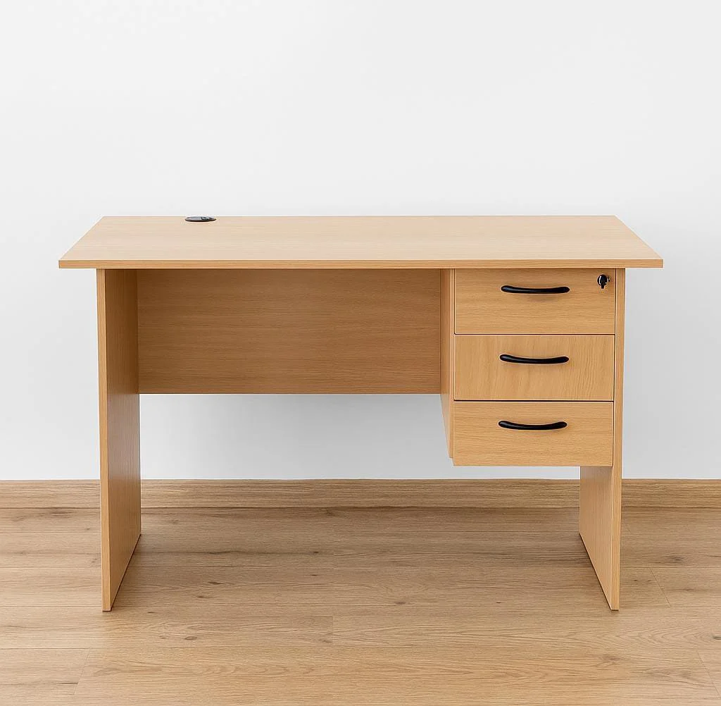 1.2m light oak wood-grain study desk with integrated right 3-drawer pedestal, black curved handles, lockable top drawer, circular cable grommet, and matching panel legs.
