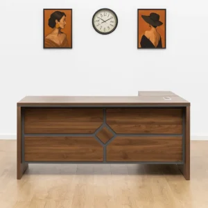 1.6m walnut L-shaped executive office desk shown in front-facing view with diamond-framed modesty panel and side view showing open return cabinet with 3 lockable drawers and storage cupboard.