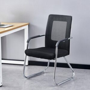 Black mesh visitor chair with rectangular backrest window, padded fabric seat, fixed curved armrests, and chrome cantilever sled base.