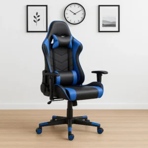 Blue and black leatherette high-back gaming chair with headrest pillow, adjustable lumbar support cushion, height-adjustable T-armrests, pneumatic lever, and 5-star swivel base with blue-accented casters.