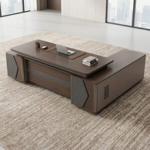 2.4m dark walnut L-shaped executive desk with diamond-quilted leatherette accent panels, inlaid central leather writing pad, recessed modesty panel, and integrated low-profile side return credenza.