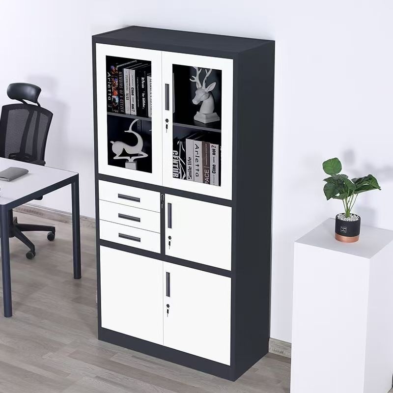 Dark gray and white steel filing cabinet with framed glass upper doors, middle three-drawer bank, side safe compartment door, solid lower doors, and recessed vertical handles.