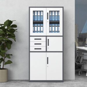 Two-tone gray and white steel filing cabinet with upper glass display doors, lockable safe box compartment, three side drawers, vertical recessed handles, and key lock sets.