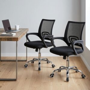 Black mid-back mesh clerical office chair with lower lumbar support brace, fixed polymer loop armrests, under-seat height adjustment lever, and chrome 5-star swivel caster base.