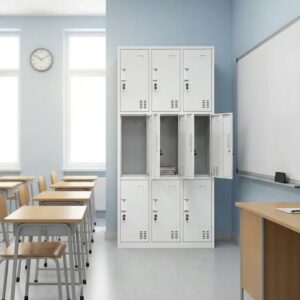 Light gray 9-door steel locker cabinet with individual key locks, recessed vertical handles, ventilation louvers, and index card slots.