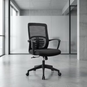 Black mid-back mesh swivel office chair with ribbed lumbar support frame, fixed curved loop armrests, height adjustment lever, and black nylon 5-star caster base.
