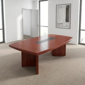 2400mm mahogany boat-shaped conference meeting table with central slatted cable management strip and wooden panel slab base.