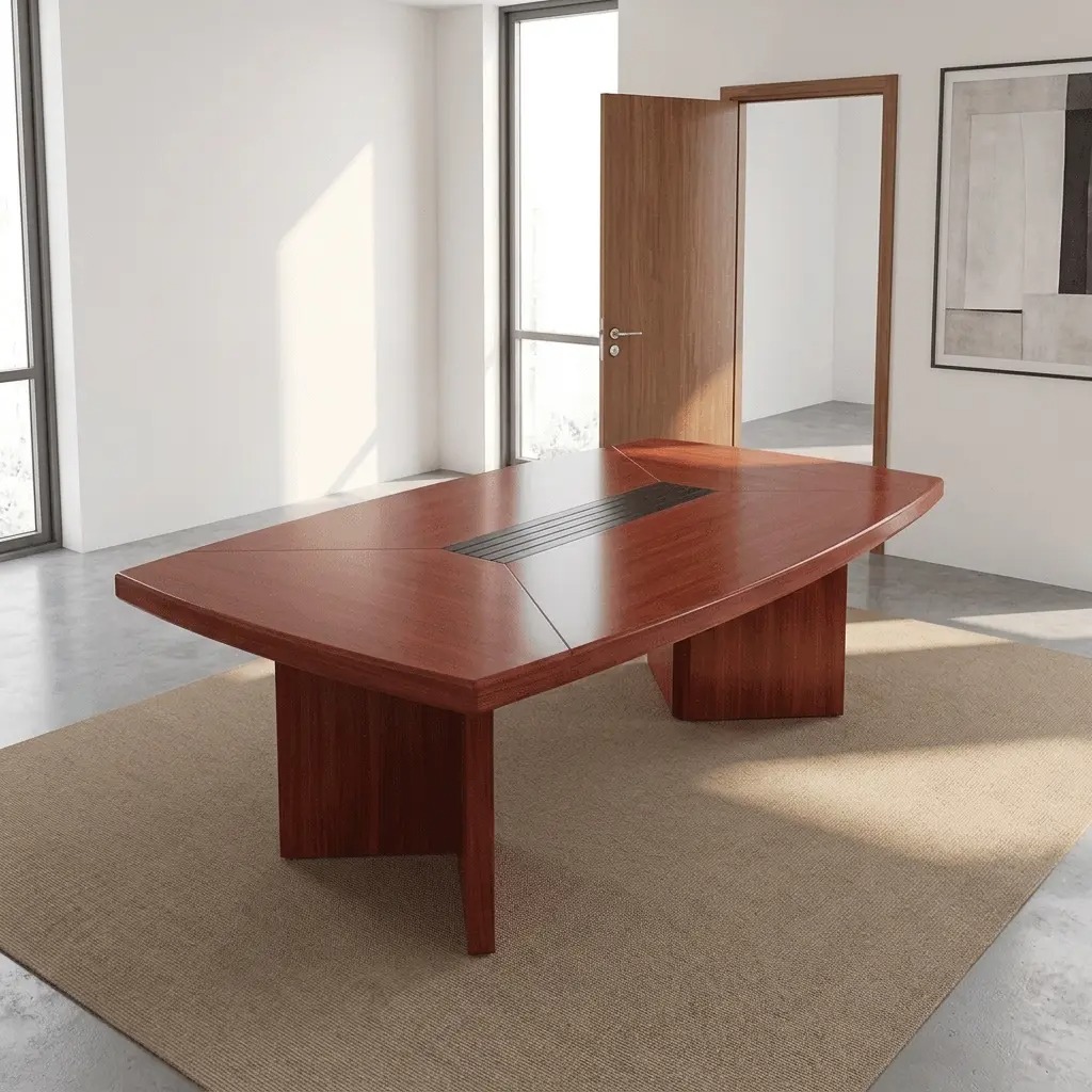 2.0m mahogany boat-shaped conference table with central black cable management box and dual solid panel base legs.