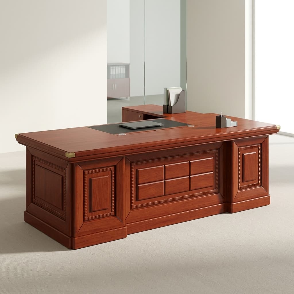 2.2m mahogany L-shaped executive office desk with inlaid black leatherette writing pad, dual cable grommets, mobile 2-drawer pedestal, and low side credenza return unit on casters.
