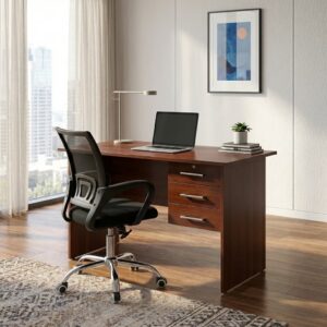 0.9m mahogany wooden study table with integrated 3-drawer lockable pedestal paired with a black mid-back mesh swivel office chair featuring a chrome 5-star caster base.