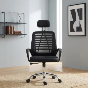 Black high-back mesh staff office chair with adjustable mesh headrest, slatted horizontal frame lumbar backrest, fixed plastic loop armrests, pneumatic lever, and chrome 5-star swivel caster base.
