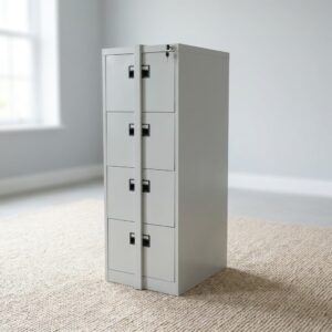 Light gray steel 4-drawer vertical filing cabinet with full-length central vertical locking bar, top key lock mechanism, recessed handles, and label card slots.