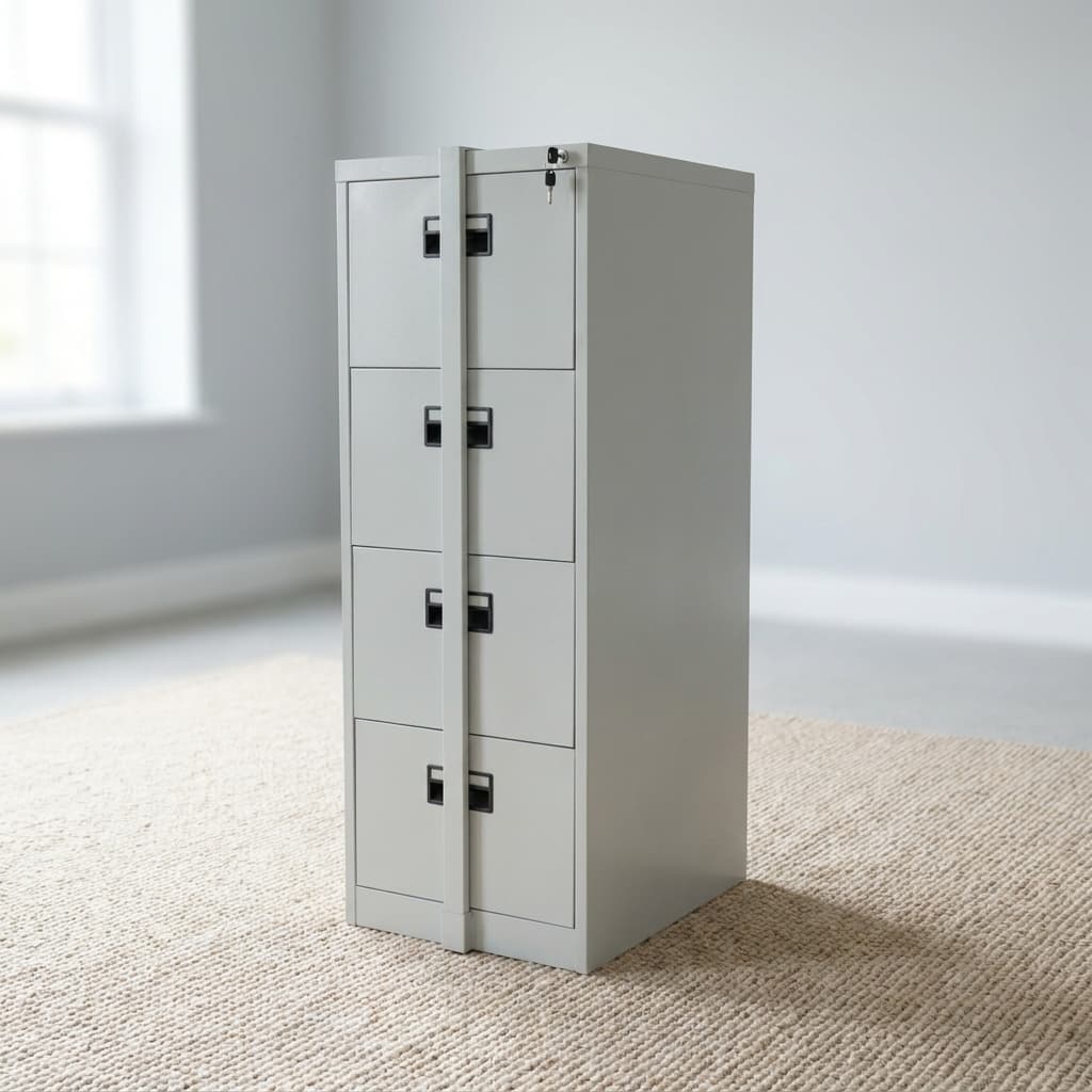 Light gray 4-drawer vertical steel filing cabinet with vertical central locking bar, dual black recessed handles, and index label card holders.