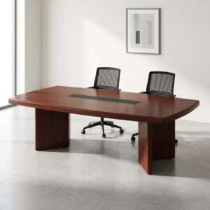 2.4m mahogany boat-shaped 8-seater conference table with central black cable management box and dual V-shaped solid panel pedestal base legs.