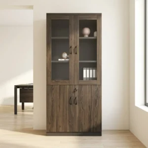 Walnut wood-grain executive office cabinet with framed glass upper doors, three interior shelves, solid lower doors with key lock mechanism, curved vertical handles, and dark gray side panels.