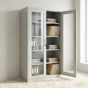 White full-glass door steel filing cabinet with five interior shelf tiers, key lock handle, and right hinged door shown in open state.