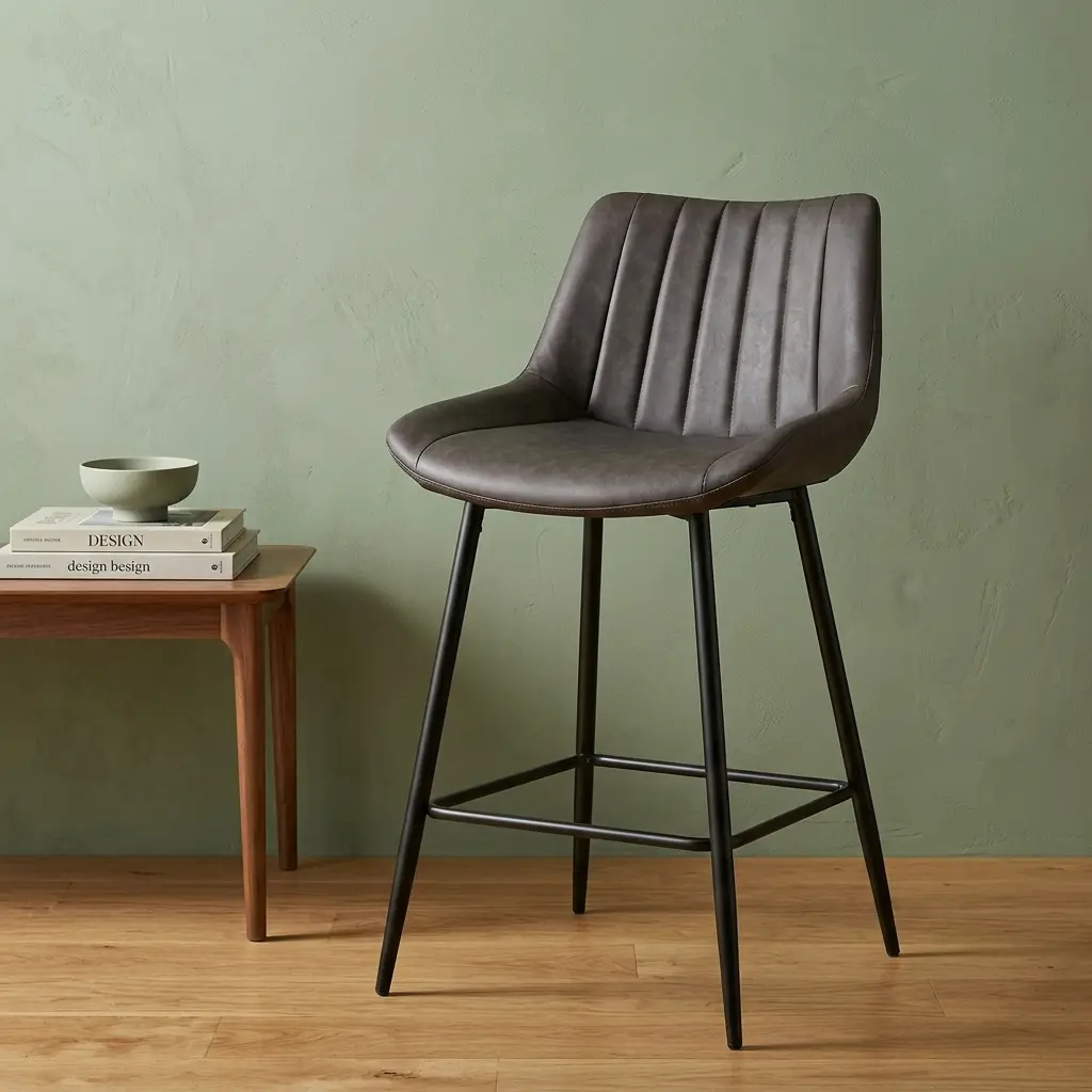 Dark gray leatherette kitchen barstool with vertical channel-tufted low backrest, bucket seat design, black tapered metal legs, and integrated square footrest.