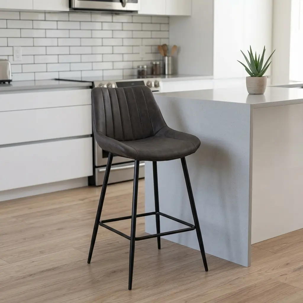Dark gray leatherette kitchen barstool with vertical channel-tufted low backrest, bucket seat design, black tapered metal legs, and integrated square footrest.