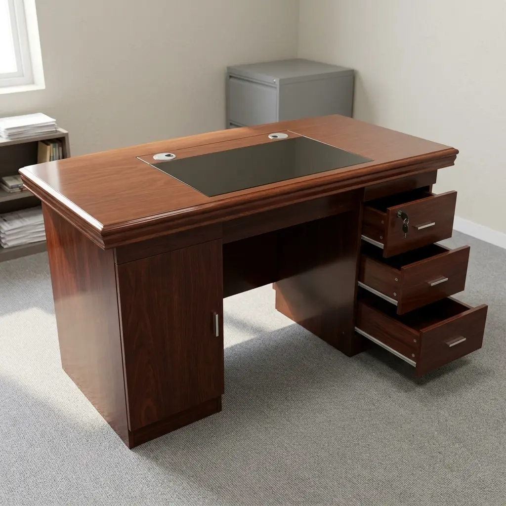 1.2m mahogany wooden executive desk with inlaid dark leatherette writing pad, dual cable grommets, left CPU cabinet, and right lockable 3-drawer pedestal.