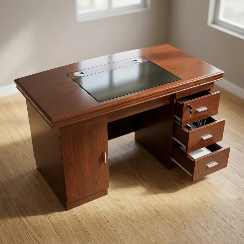 1.2m mahogany wooden executive desk with inlaid dark leatherette writing pad, dual cable grommets, left CPU cabinet, and right lockable 3-drawer pedestal.