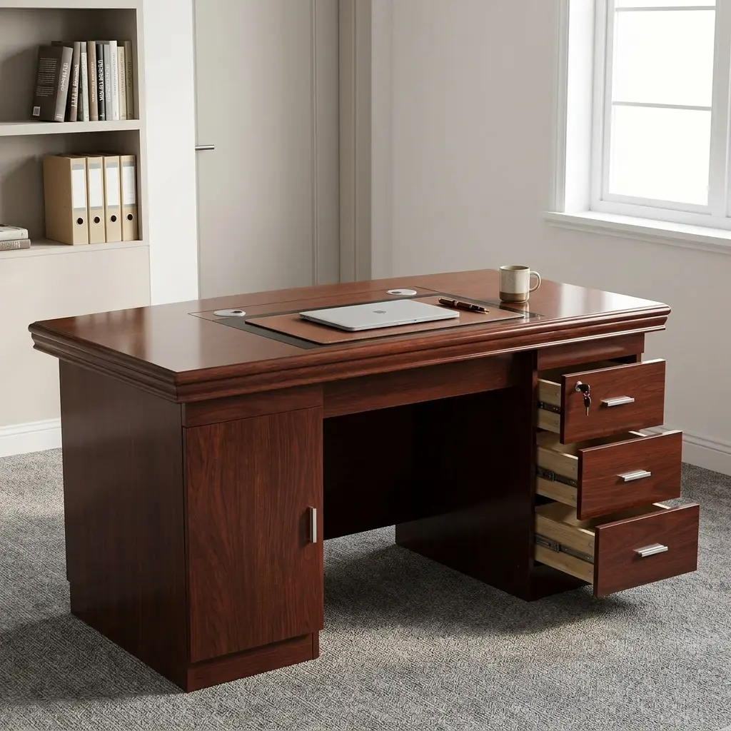 1.2m mahogany wooden executive desk with inlaid dark leatherette writing pad, dual cable grommets, left CPU cabinet, and right lockable 3-drawer pedestal.