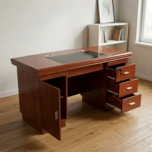 1.2m mahogany wooden executive desk with inlaid dark leatherette writing pad, dual cable grommets, left CPU cabinet, and right lockable 3-drawer pedestal.