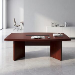 2.4m mahogany boat-shaped 8-seater conference table with central black cable management box and dual V-shaped solid panel pedestal base legs.