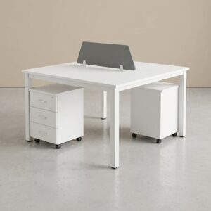 White 2-seater face-to-face office workstation desk with center gray acoustic privacy screen divider, desktop cable grommets, white metal frame, and two lockable 3-drawer under-desk mobile pedestals.