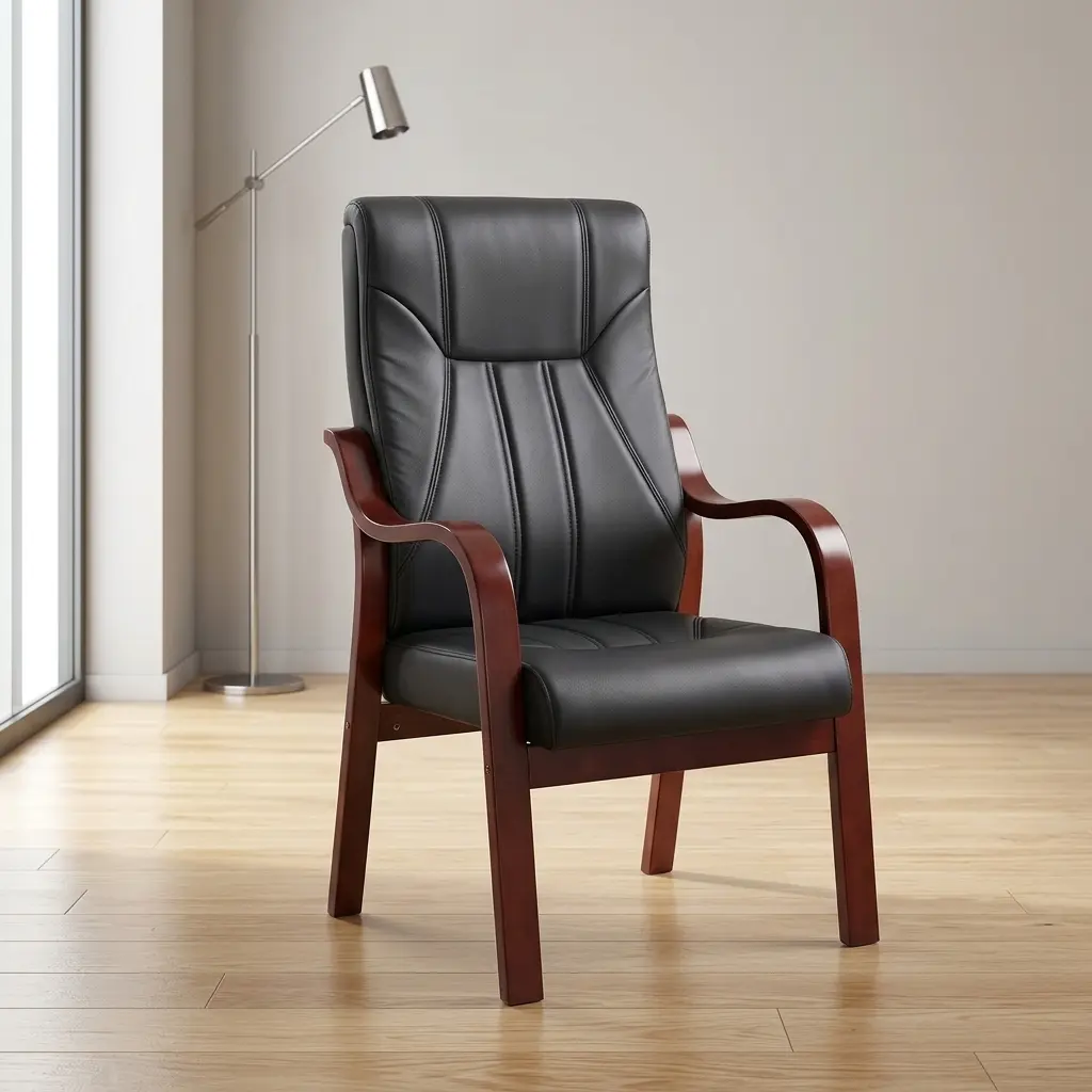 Black leather executive visitor chair with contoured high backrest, vertical accent stitching, curved mahogany wood armrests, and 4-leg mahogany frame.