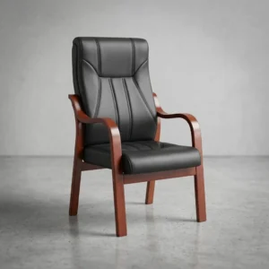 Black leather executive visitor chair with contoured high backrest, vertical accent stitching, curved mahogany wood armrests, and 4-leg mahogany frame.
