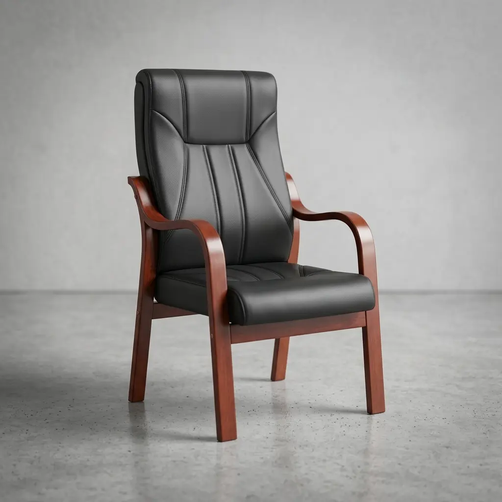 Black leather executive visitor chair with contoured high backrest, vertical accent stitching, curved mahogany wood armrests, and 4-leg mahogany frame.