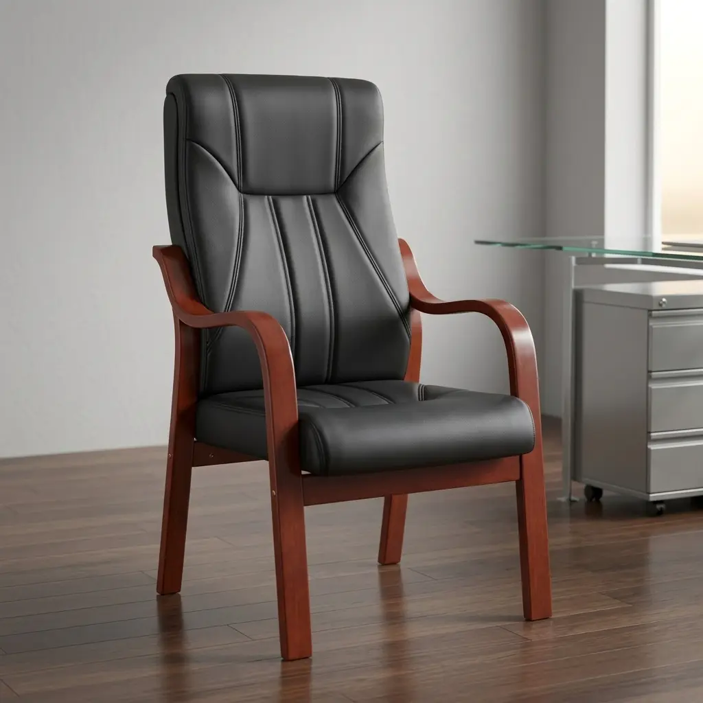 Black leatherette high-back waiting chair with mahogany-finished wooden frame, curved armrests, and vertical segmented backrest cushioning.
