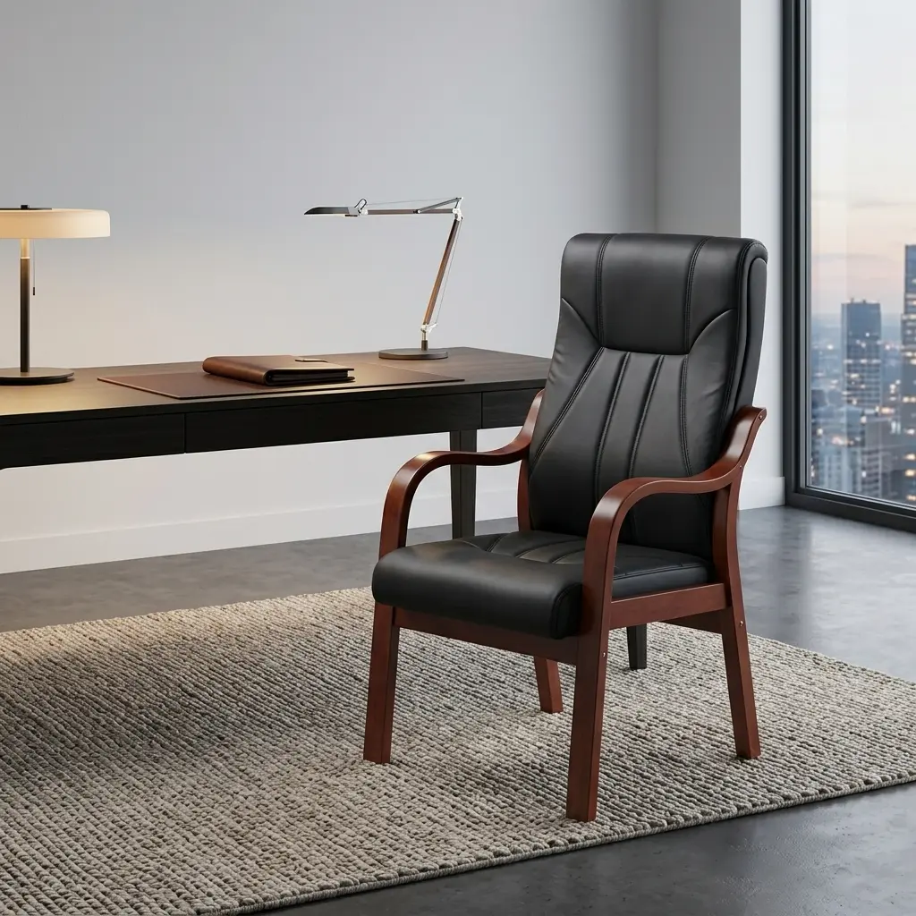 Black leatherette high-back waiting chair with mahogany-finished wooden frame, curved armrests, and vertical segmented backrest cushioning.