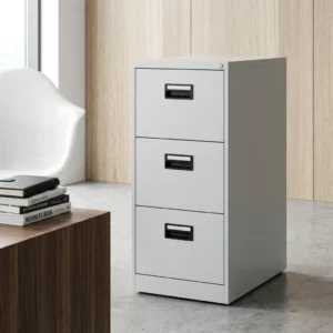 White 3-drawer vertical steel filing cabinet with central key lock, black recessed flush pull handles, and integrated label slots.