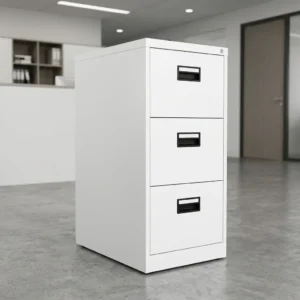 White steel 3-drawer vertical filing cabinet with top key lock cylinder, black recessed handles, and integrated label card slots.