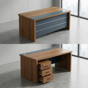 1.4m teak wood-grain executive desk with gray inlaid modesty strip, embedded circular cable grommet, recessed front modesty panel with silver horizontal stripes, and mobile 3-drawer lockable pedestal.