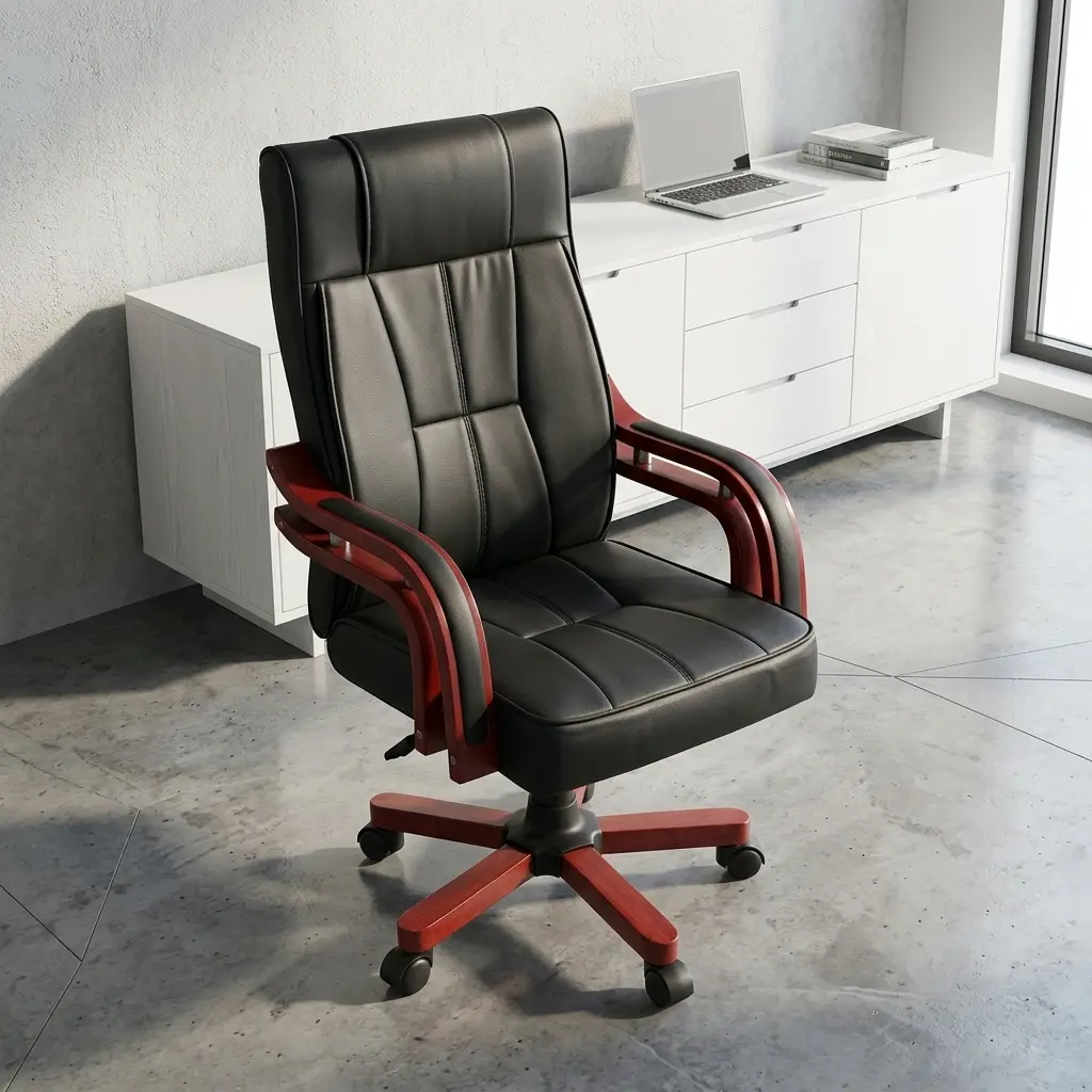 Black leather executive chair with vertical segmented stitching, mahogany wood-trimmed padded armrests, chrome metal pillars, and 5-star mahogany wooden base with dual-wheel casters.