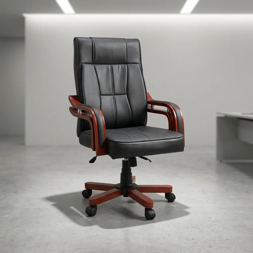 Black leather executive chair with vertical segmented stitching, mahogany wood-trimmed padded armrests, chrome metal pillars, and 5-star mahogany wooden base with dual-wheel casters.