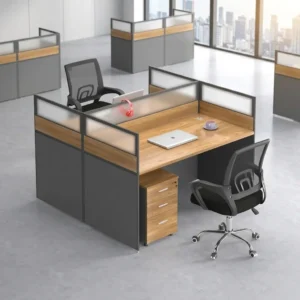 2-person face-to-face modular office workstation with light oak worktops, frosted glass partition screens, dark gray side panels, and under-desk 3-drawer lockable pedestals.