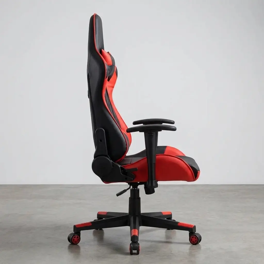 Red and black leatherette high-back reclined gaming chair with headrest pillow, lumbar support cushion, side recline lever, height-adjustable T-armrests, and 5-star swivel base with red-accented casters.