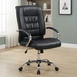 Black leatherette mid-back office chair with gathered lumbar stitching, chrome curved armrests with padded leather pads, under-seat pneumatic adjustment lever, and chrome 5-star swivel caster base.
