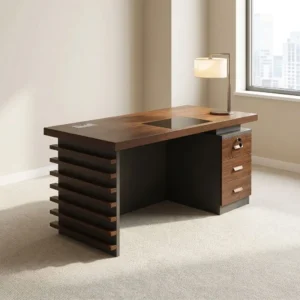 1200mm walnut executive desk with inset writing pad, silver cable pass-through grommet, horizontal slatted side leg panel, and integrated 3-drawer lockable pedestal.