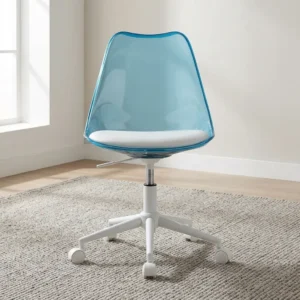 Translucent light blue acrylic shell swivel desk chair with white upholstered seat cushion, height adjustment lever, and white 5-star caster base.