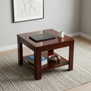 Square mahogany office coffee table with a dual-tier design featuring a flat wooden top surface, lower storage shelf, and four solid square post legs.