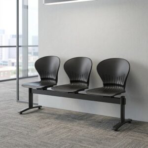 3-seater black molded plastic waiting bench with ribbed seat shells, armless design, steel crossbeam, and black powder-coated T-leg base.