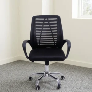 Black mid-back mesh office chair with horizontal slotted frame backrest, curved fixed loop armrests, pneumatic lift mechanism, and chrome 5-star swivel caster base.