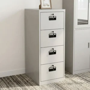 White 4-drawer vertical steel filing cabinet shown with all drawers open, featuring individual key locks with inserted keys, black recessed handles, and side ball-bearing glides.