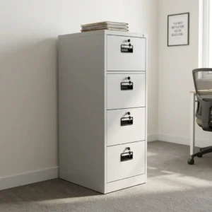 White 4-drawer vertical steel filing cabinet in closed position, featuring individual key lock cylinders with inserted keys and black recessed handles.