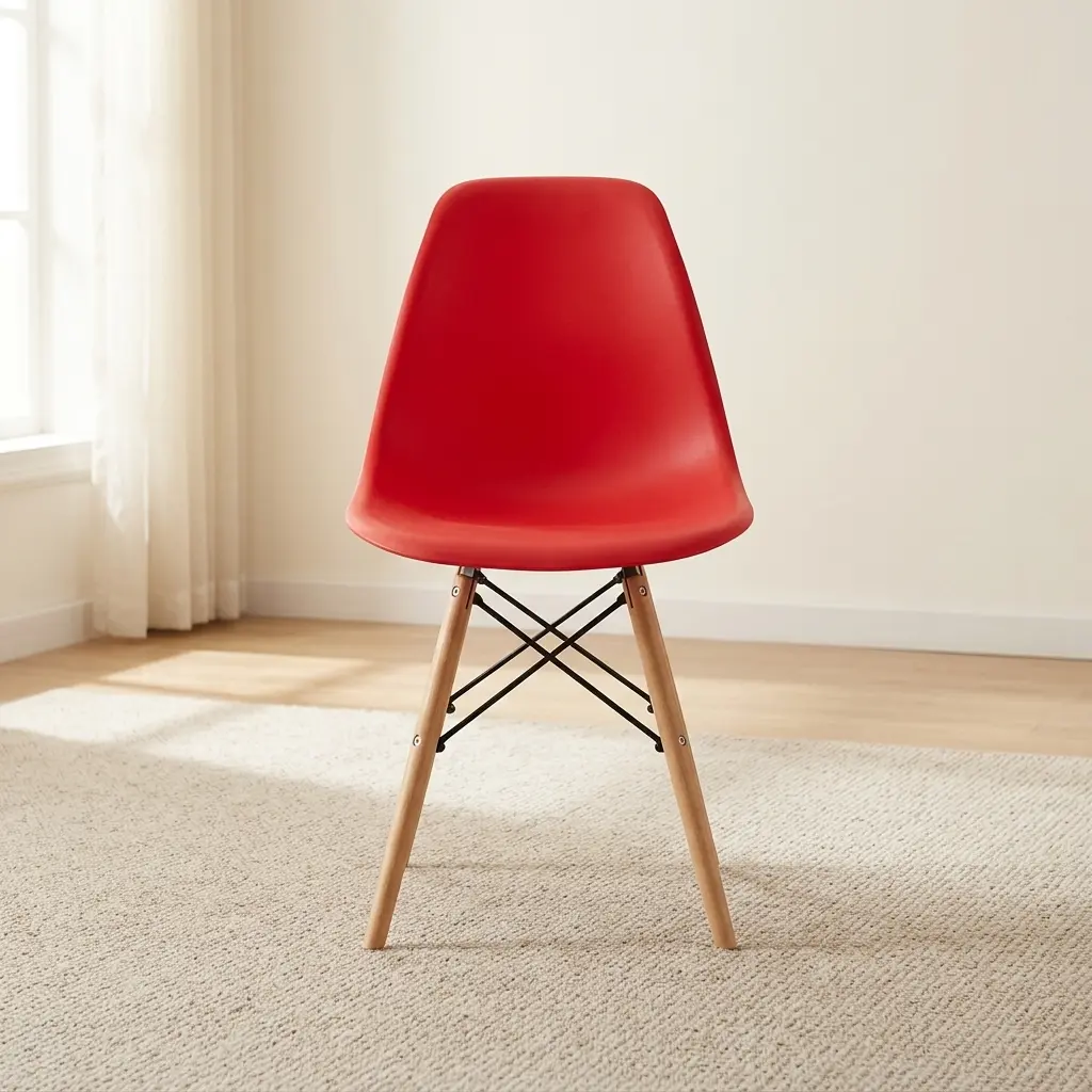 Red molded polypropylene Eames-style dining chair with armless shell seat, natural beech wood dowel legs, and black wire Eiffel cross-bracing.