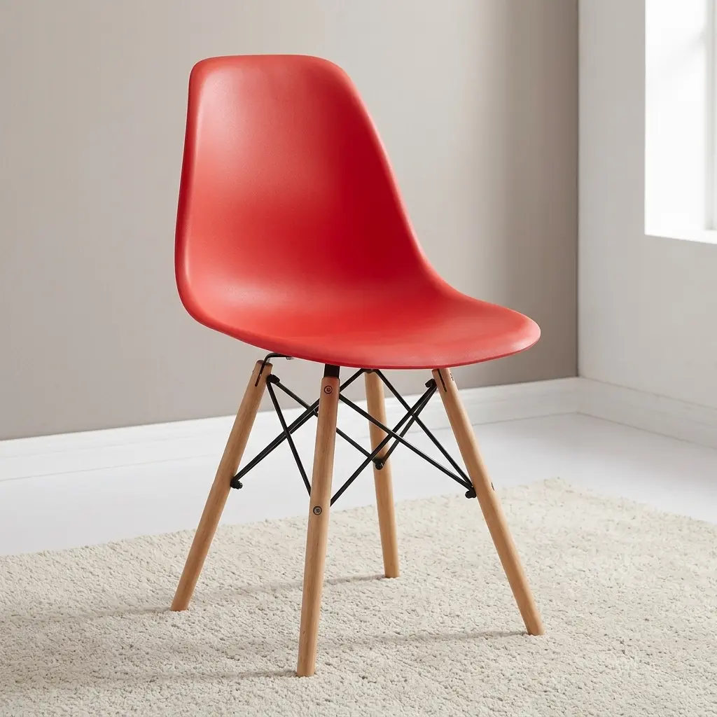 Red molded polypropylene Eames-style dining chair with armless shell seat, natural beech wood dowel legs, and black wire Eiffel cross-bracing.